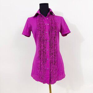 JEAN PAUL GAULTIER JPG MAGENTA PINK PURPLE BUTTON UP COLLARED SHIRT WITH RUFFLES